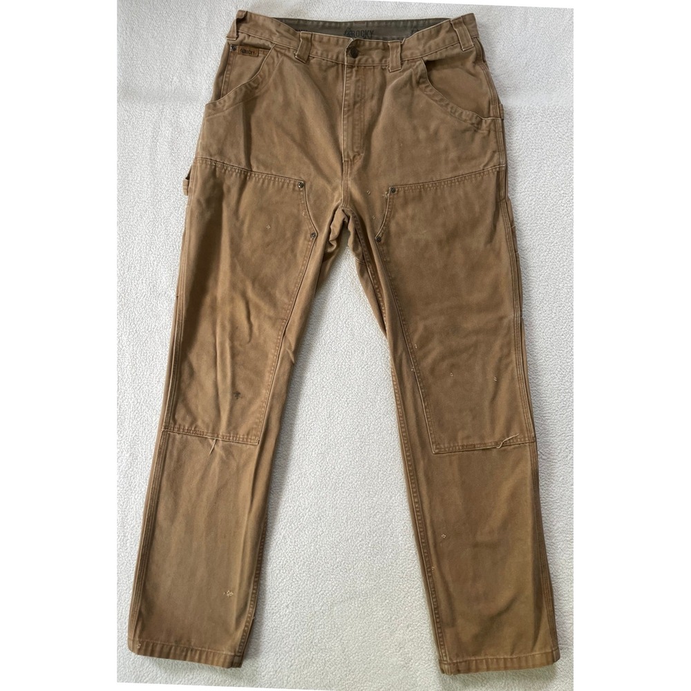 Thrashed Rocky Mens 33x32 Carpenter Pants Brown Canvas Double Knee Work Trousers
